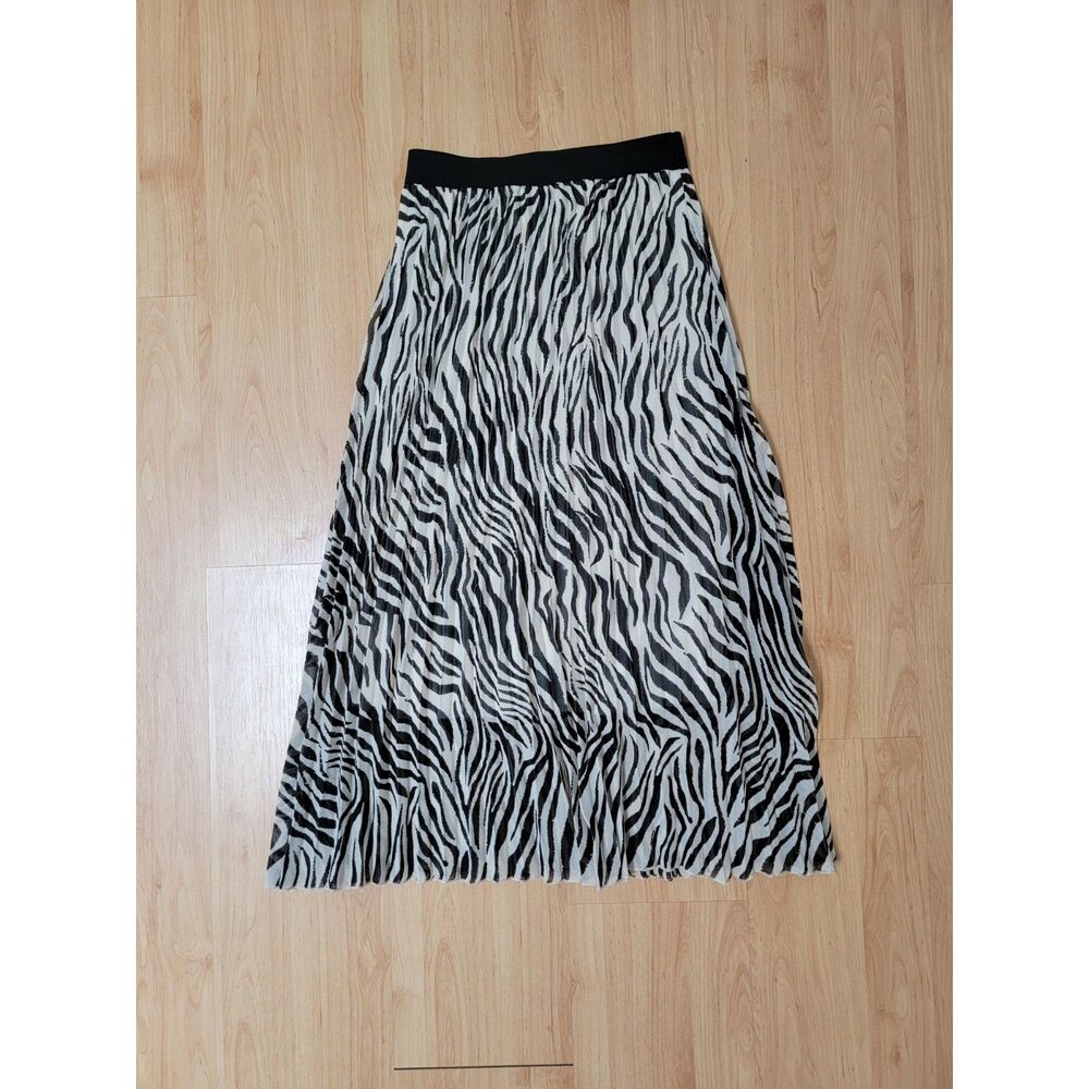 Cotton On Zebra Print Pleated Midi Skirt Elastic Waist Black Cream XXSmall XXS